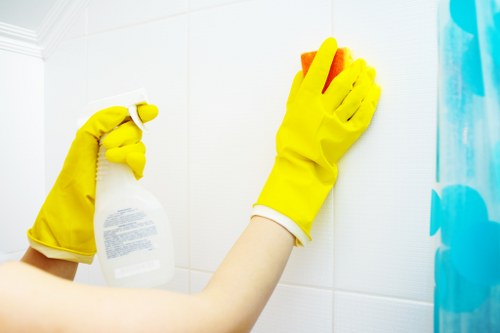 Wet floor caution area during professional carpet cleaning work